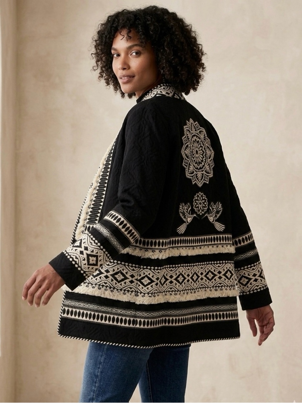 Cartonnier Boho Fringe Open front Jacket W/ Cream Embroidery Floral/Bird Design